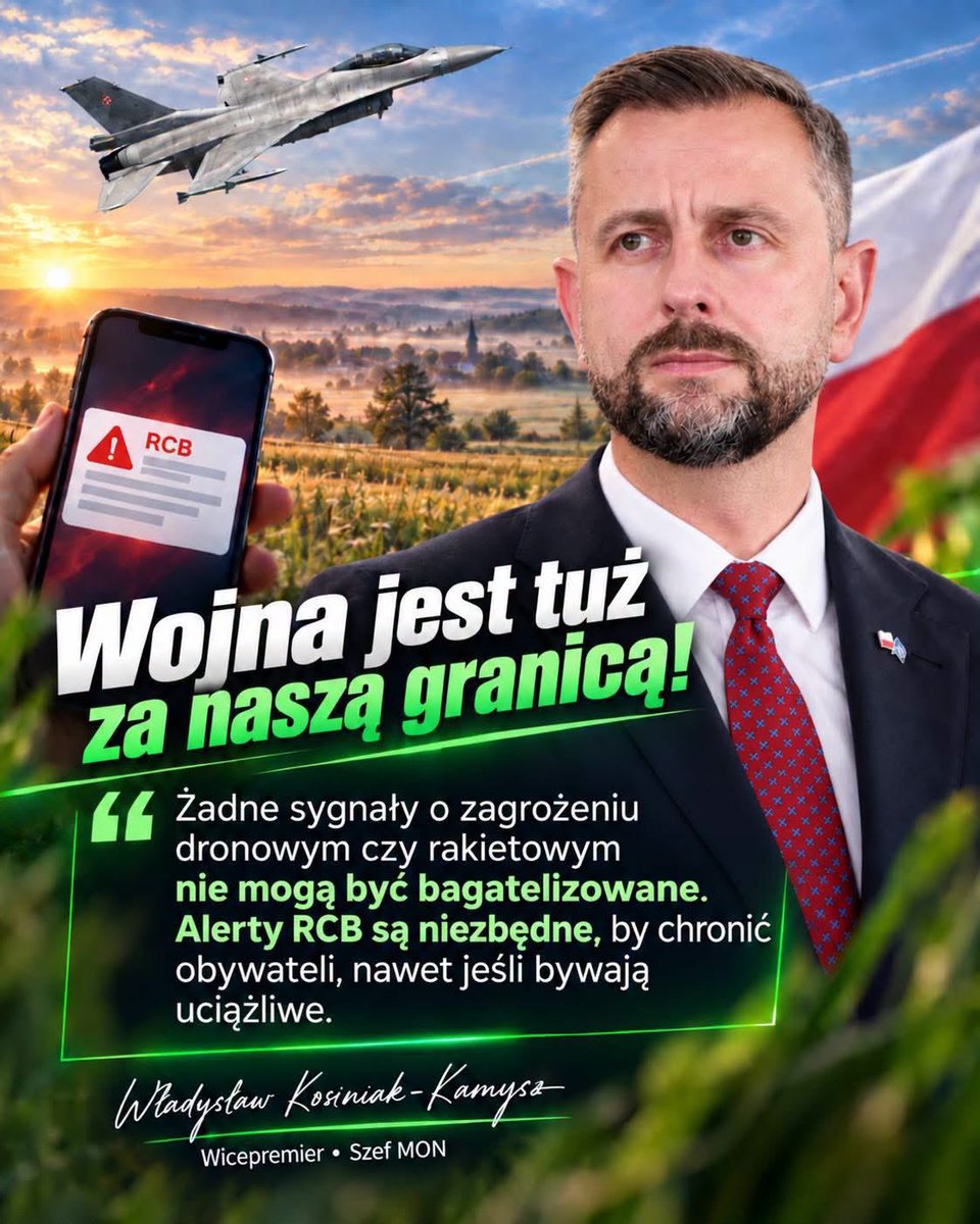 nowePSL's tweet photo. 🛡️ Bądźmy czujni. Słuchajmy służb. Nie dajmy się przestraszyć. Zjednoczeni jesteśmy silniejsi 💪

Sytuacja za naszą wschodnią granicą wymaga czujności i odpowiedzialności. Nie chodzi o strach ani panikę – chodzi o to, żeby uważnie śledzić oficjalne komunikaty i stosować się do zaleceń służb.

📱 Alert RCB jest narzędziem ostrzegania. Ma informować o możliwym zagrożeniu i dawać czas na odpowiednią reakcję. Nawet jeśli ostatecznie zagrożenie nie wystąpi, takich komunikatów nie należy ignorować.

💬 „Proszę wszystkich o odpowiedzialność, daleko idącą czujność i stosowanie się do komunikatów” – apeluje Wicepremier Władysław Kosiniak-Kamysz.