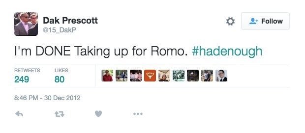 jonmachota's tweet photo. Dak Prescott joked about this 2012 tweet after passing Tony Romo for most TD passes in Cowboys franchise history.

“I was just a dumb fan at that time.”

Story: https://t.co/YRaU0hc5Dw https://t.co/rJQ79a3qTH