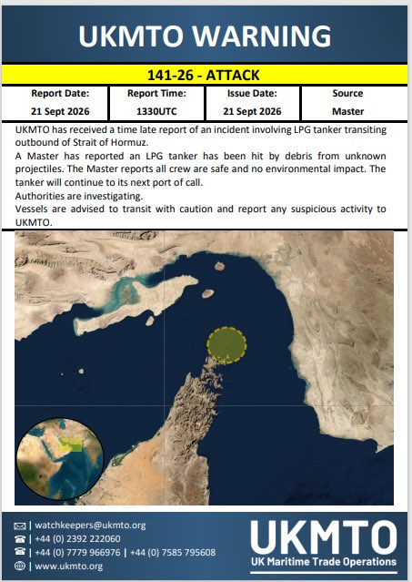 HormuzReport's tweet photo. BREAKING: Despite very heavy U.S. military surveillance and escorts in the Strait of Hormuz — including multiple Boeing KC-135 Stratotankers, KC-46A Pegasus tankers and an MQ-4C Triton — Iran has now directly struck two commercial vessels in the Strait of Hormuz, per UKMTO.

The second vessel, an LPG tanker attempting to exit the Strait, was hit by debris from unknown projectiles, according to UKMTO. Earlier, another tanker transiting Hormuz was struck, with two crew members reportedly suffering injuries.

Two commercial vessels hit in a single day despite the heavy U.S. military presence surrounding the waterway.