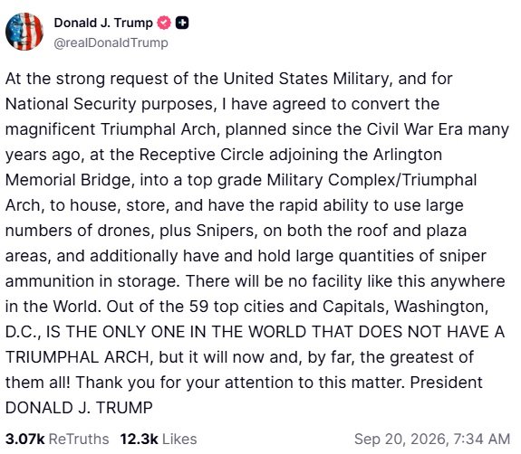 LesterStre47928's tweet photo. 🚨Trump said the planned D.C. Triumphal Arch will also be a military complex. 

Drones. Overwatch. Storage. He says the Pentagon asked for it. Last major capital without an arch. Now it gets the one built to defend the city.

More things President Trump is doing to protect D.C. https://t.co/bzDfz6FW11