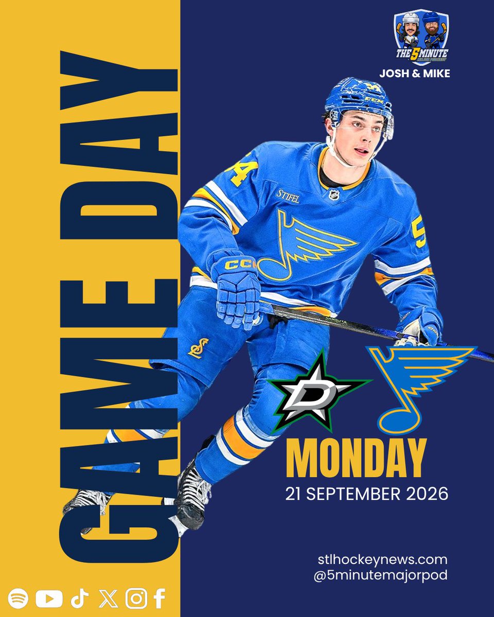 5MinuteMajorPod's tweet photo. We’re back in action! Get ready to watch the Blues face off against the Stars in a preseason hockey match tonight! 🚨🏒🥅 #stlblues https://t.co/xTGhNBMZVY