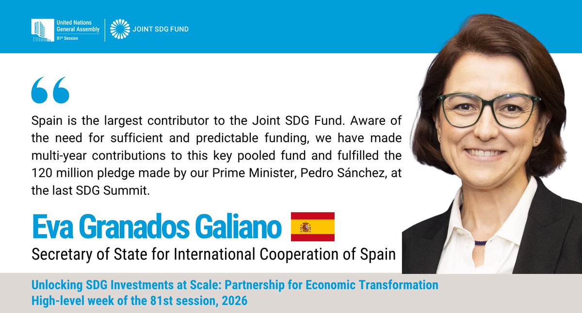 JointSDGFund's tweet photo. 🇪🇸 At the Goals Lounge during #UNGA81, @Eva_Granados, Spain's Secretary of State for International Cooperation @MAECgob, reaffirmed Spain’s support for the Joint SDG Fund. 

Predictable, long-term funding is essential to scale SDG investment.

🔴 https://t.co/2y2cYK5g9D https://t.co/N2xvyuzb8s