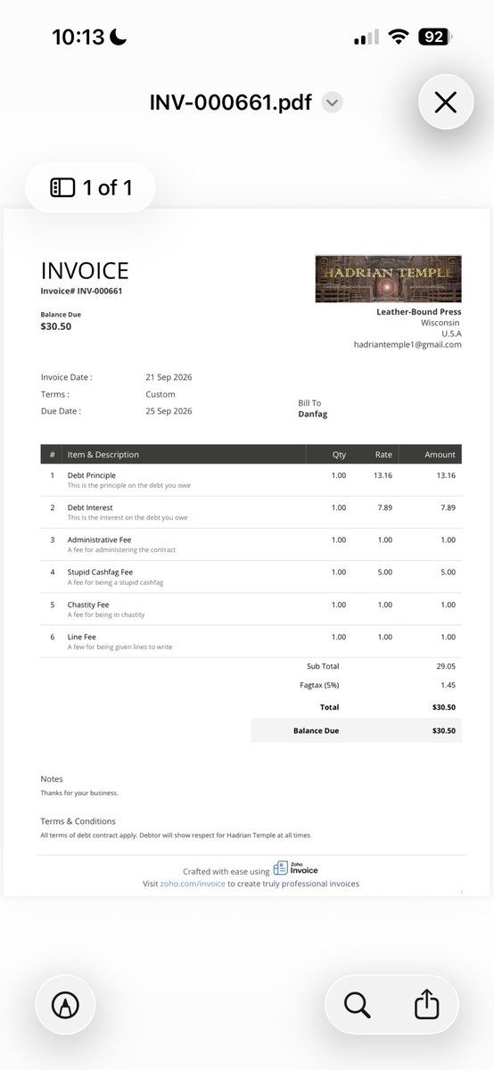 HadrianTemple's tweet photo. Just sent out invoices for my #debtcontracts. Lots of excited #cashslaves open their emails and realizing they have to wait til Friday to pay them. Who else wants to discover that excitement? #findom https://t.co/FfCA20RDhp