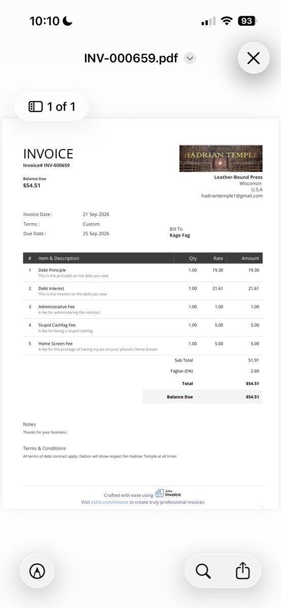 HadrianTemple's tweet photo. Just sent out invoices for my #debtcontracts. Lots of excited #cashslaves open their emails and realizing they have to wait til Friday to pay them. Who else wants to discover that excitement? #findom https://t.co/FfCA20RDhp