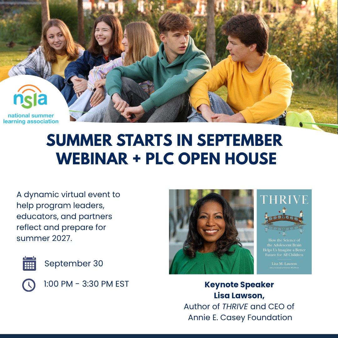 summerlearning's tweet photo. What did summer 2026 teach us—and what can we do differently in 2027?
Join NSLA on September 30 for our free webinar Summer Starts in September: Reflection, Impact, and Innovation, featuring Lisa Lawson.
Register Herę: https://t.co/So12v1NaIw https://t.co/ej1yo51czk