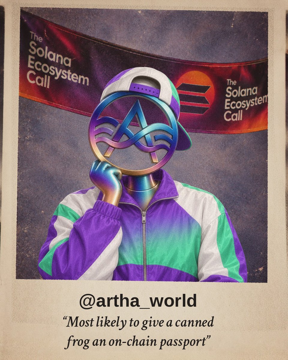 ARTHA_WORLD's tweet photo. That's what my Solana High Yearbook says: "Most likely to give a canned frog an on-chain passport" 
interesting  
Thank's @SuperteamTH  @solana @EcosystemCall  and special thanks for advising @themoe 
check it 
https://t.co/J2FaOgrZPp https://t.co/JjYjN225CX