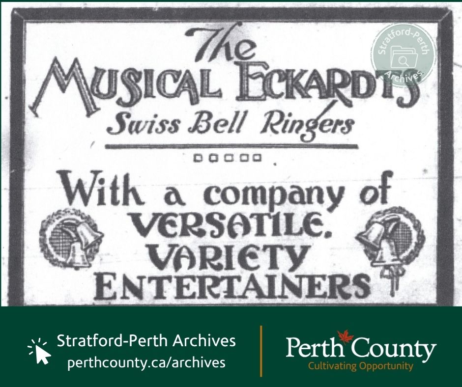 PerthCounty's tweet photo. In Listowel, crowds gathered at McDonald’s Music Hall on Sept. 25, 1926 to see the Musical Eckardts, a troupe of musical entertainers whose unique performances featured metal percussion instruments, vocals and, most notably, Swiss bell ringing. #TBT archives@perthcounty.ca https://t.co/ZtyNGvxVhm