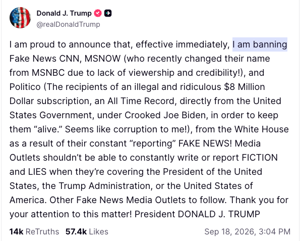 aidnmclaughlin's tweet photo. Vance: He’s not banning media outlets

Trump: I am banning media outlets https://t.co/v38oyLsPrd