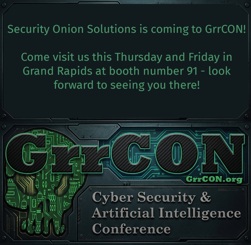 securityonion's tweet photo. Security Onion Solutions is coming to GrrCON!

Join us on Thursday and Friday at booth number 91 to learn how to peel back the layers of your network and make the adversaries cry. See you there! https://t.co/f6XJsqIumr