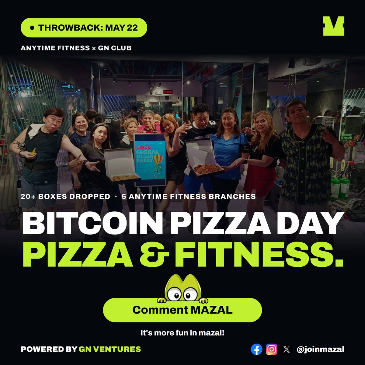 joinmazal's tweet photo. THROWBACK: BITCOIN PIZZA DAY AT ANYTIME FITNESS! 🍕

Who says pizza and fitness don't mix? 🍕🏋️‍♂️

Throwback to May 22 when @gnclubofficial dropped 20+ boxes of free pizza to Anytime Fitness members across Magallanes, BF Homes, Marikina, Bacoor, and Caloocan for Bitcoin Pizza Day!

Special thanks to our epic partners for making this day legendary:
🤝 PizzaDAO
🤝 OKX Wallet
🤝 LBank Philippines
🤝 EveryX

👉 Comment "MAZAL" — its more fun in mazal

#BitcoinPizzaDay #GNClub #AnytimeFitness #PizzaDAO #OKXWallet #LBankPH #EveryX #CryptoPH #Web3PH #joinmazal #MAZAL