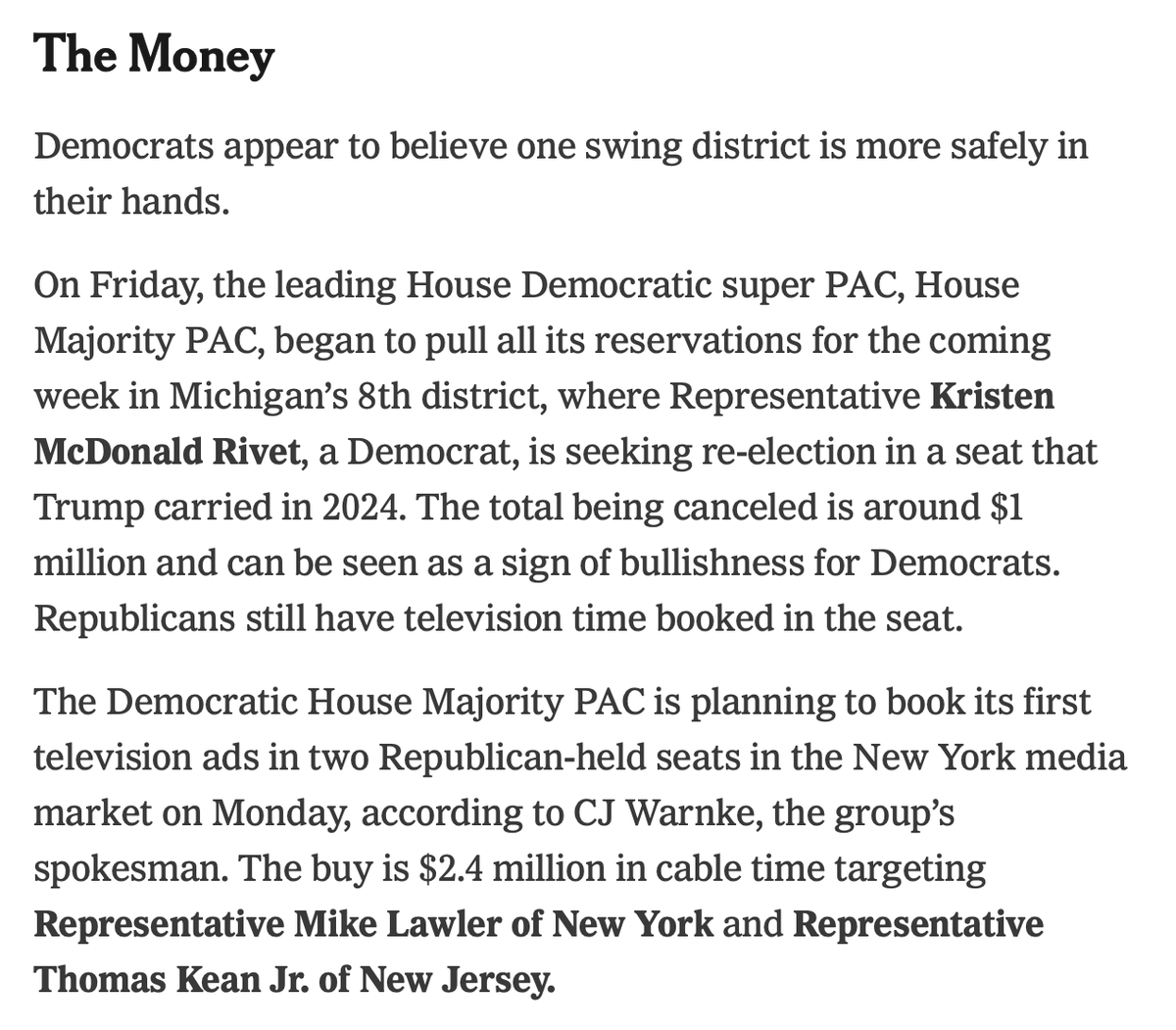 TrumpsTaxes's tweet photo. Good news.
In a reverse triage move, the Dem House Majority PAC is pulling $1M out of defending the once-vulnerable #MI08 (because GOP candidate Tom Smith is very weak).
Further, they are putting $2.4M into flippable #NY17 and #NJ07. https://t.co/QNMarHcqNv
