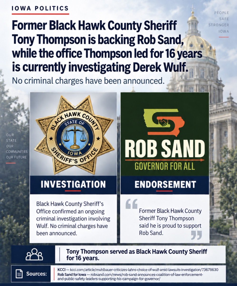 HawkGuyEnjoyer's tweet photo. An interesting connection: former Black Hawk County Sheriff Tony Thompson is backing Rob Sand, while the office Thompson led for 16 years is currently investigating Derek Wulf.

I’m sure it’s just a coincidence. 🤔 https://t.co/FDdEki4fJT