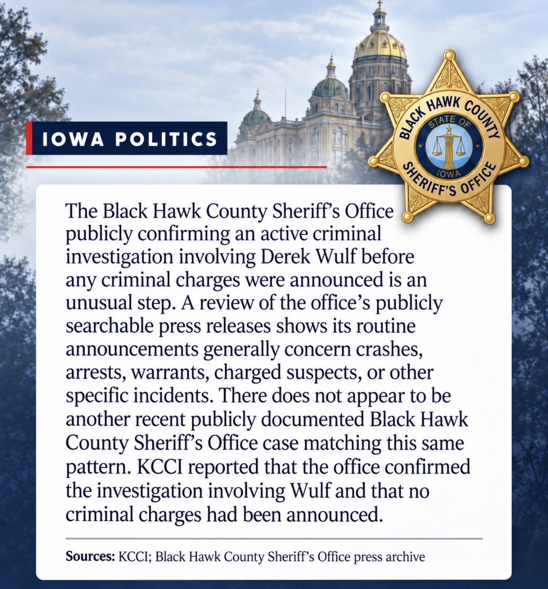 HawkGuyEnjoyer's tweet photo. An interesting connection: former Black Hawk County Sheriff Tony Thompson is backing Rob Sand, while the office Thompson led for 16 years is currently investigating Derek Wulf.

I’m sure it’s just a coincidence. 🤔 https://t.co/FDdEki4fJT