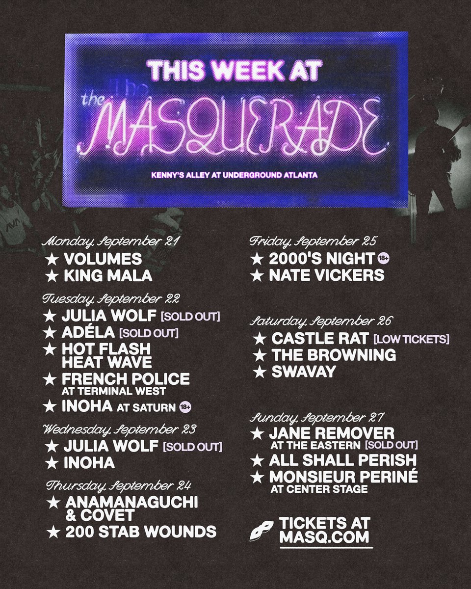 masquerade_atl's tweet photo. 🤘 THIS WEEK AT THE MASQUERADE 🤘

🥁 Keep your concert streak alive with us

🎫 at https://t.co/RLhWKNY9Mg https://t.co/2No6YuXAWc
