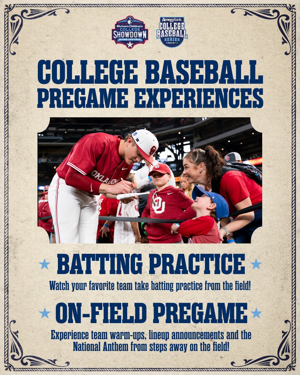 CBS_Arlington's tweet photo. THE WAIT IS OVER.⚾️🔥

The Amegy Bank College Baseball Series 2027 Weekend 2 Schedule is set!

Tickets are on sale NOW‼️Secure yours today⬇️
🎟️🔗: https://t.co/qYhSMI8R2l https://t.co/BHUO6MdXv5