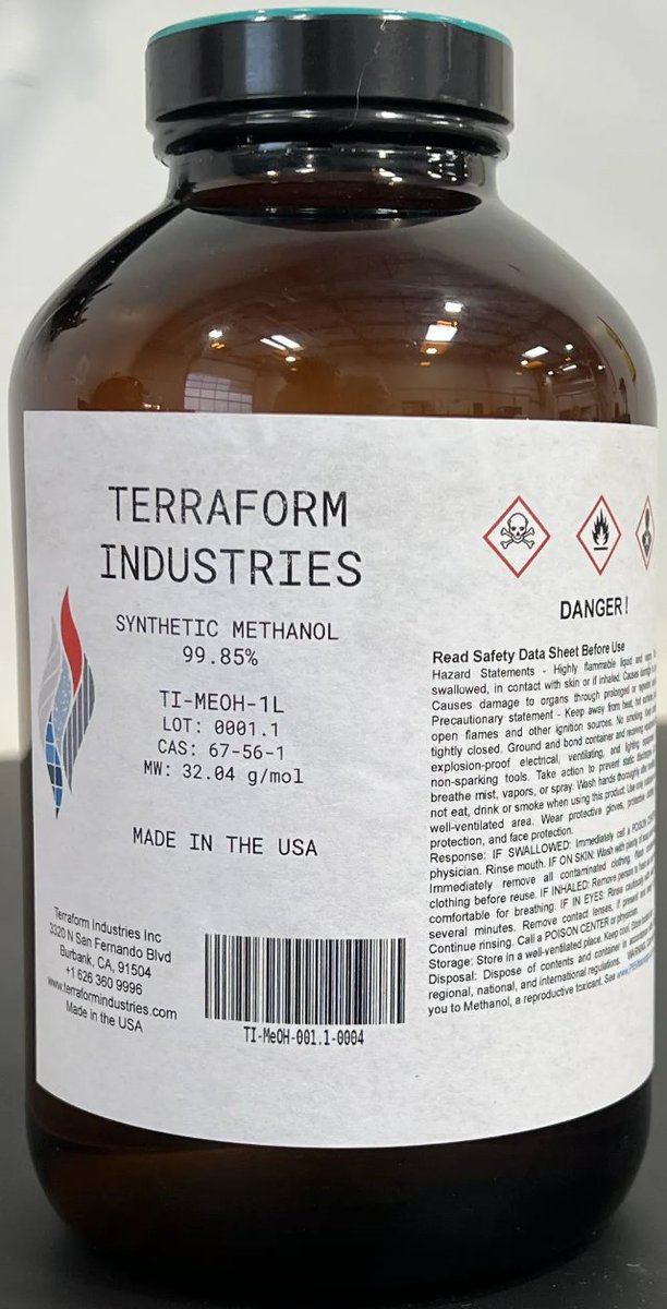 CJHandmer's tweet photo. The reactor team at @terraformindies has demonstrated successful production of high purity methanol at scale at our Muroc desert test site.

Let's review our progress in 2026. In January, we closed on our Muroc test site. By March, construction was underway. By May, we had 1.8 MW of solar installed. In July, we produced CO2 on site (https://t.co/H73NC4sZjT), and in August, hydrogen (https://t.co/en7BiUW9QU). 

Terraform Industries has built an incredible team to revolutionize not just one or two key technical pieces, but the entire stack required to convert sunlight and air into fuel. Like plants, only 100 times higher productivity per acre and requiring no irrigation, fertilizer, or pesticide. 

Two years ago, Terraform produced pipeline-grade natural gas for the first time. Since then, we've scaled up our methane reactor, increasing production by 250x and reducing contaminants by 10x, which allows us to increasing revenue per unit of product by 100x because it's now at chemically pure grade.

But it was always clear to me that natural gas was only one piece of the puzzle. It is possible to convert natural gas into other hydrocarbon products like gasoline or jet fuel, but given our precursors are CO2 and hydrogen, we can do one better by directly synthesizing methanol as well. 

Methanol is far easier to convert into longer chain hydrocarbon products, either via the MeOH->DME->ethylene pathway, MTG, or via variations on Fischer-Tropsch. 

Methanol also has significantly higher revenue per molecule than pipeline natural gas, which forms an essential part of our cost-reduction-through-profitable-scale-up strategy, explained in more detail in our post: https://t.co/ZnXRkYgWZq
TL;DR: If our learning rate is above 11%, our margins will strictly increase as we scale up into a market worth about $10t/year. Not including induced demand. 

Amir joined the team earlier this year and speed ran the methanol reactor development program, successfully demonstrating recirculation and heat recycling before integrating these new technologies in a production scale reactor, built from the ground up at Terraform's facility in Burbank. 

As soon as the hydrogen team was done, we shipped our latest reactor up to the desert, plugged it in, and began activating the catalyst. An extended test campaign through the heat of summer followed, punctuated by bunnies nibbling on hoses! 

The hard work paid off, with Terraform's production of significant batches of high purity methanol, now packaged and ready to ship. A huge congratulation to the entire team, including Amir, Enric, Dominic, Hugo, and @lucie_nurdin. 

With the completion of this test, Terraform has now demonstrated TRL 9 operation of all of its subcomponents, each developed from scratch, in house, to deliver the highest possible value to the end customer.

Terraform will never rest until we have broken the geological and geographical monopoly on oil, unlocking unconditional energy abundance for all of humanity. Join us!