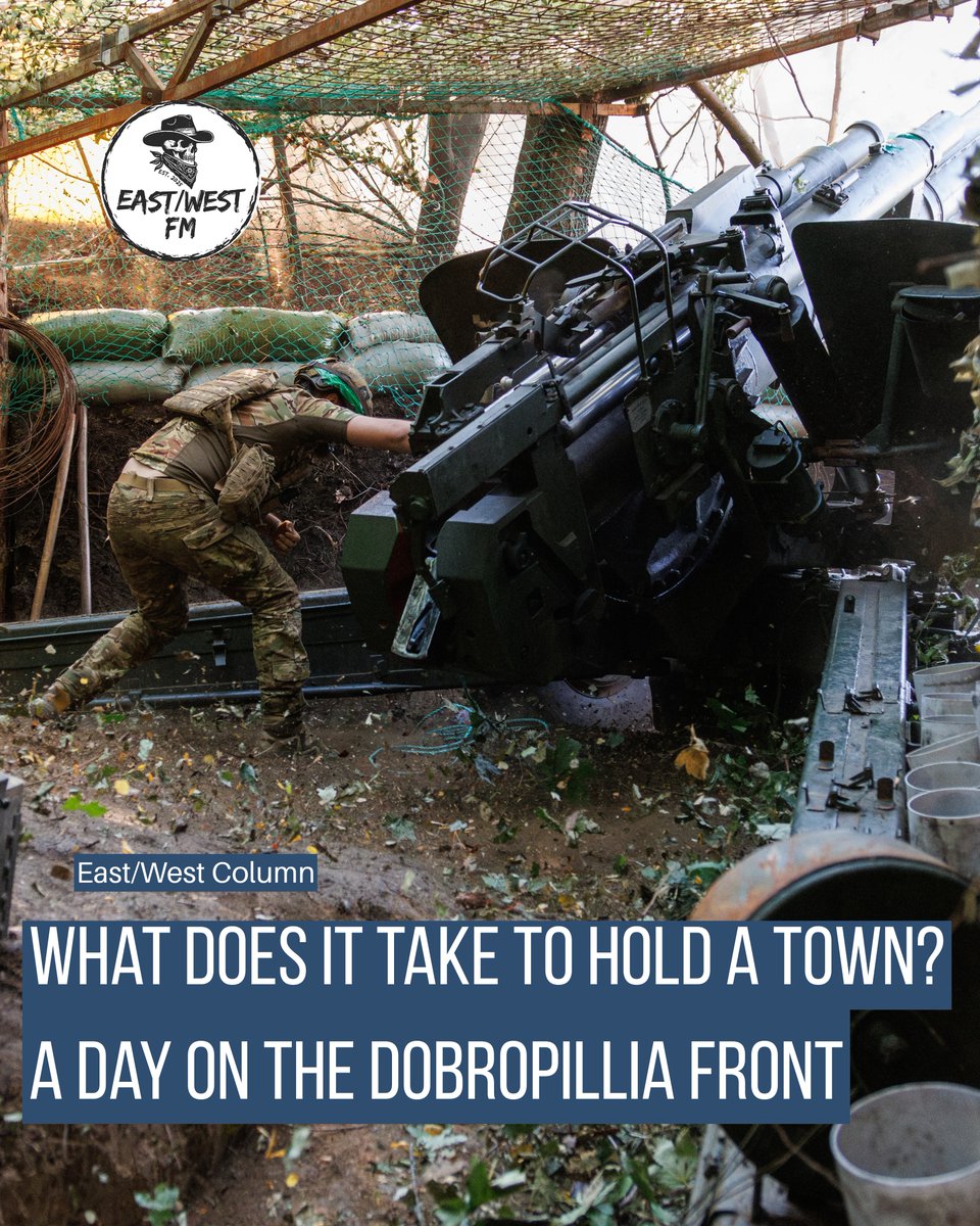 EastwestFM's tweet photo. In our latest East/West Column article @DevinSanLuis talks about his time working with the 15th National Guard Brigade "Kara-Dah" as they fight to hold the Dobropillia axis of the frontline.

"We arrived just after an aerial bomb had been dropped on an apartment block, dust filling the air, fire still raging at the heart of the impact site. The entire middle part of the building collapsed in on itself; this area is the worst of all the destruction in Bilozers’ke[...] It’s not a good idea to ever be in one large group, as that makes you quite an enticing target for FPVs and pilots seeking to up their kill count. Sure enough, moments after converging as a group, we take turns running through the section of open field that separates us from the cover we will use to head toward our next position as the familiar buzz of FPV rotors hums to life."