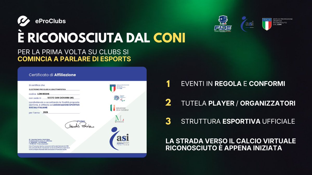 eProClubs_'s tweet photo. Oggi abbiamo fatto la storia per il ProClubs Italiano.

La nostra ASD Electronic Pro Clubs è ufficialmente un ente di promozione sportiva riconosciuto dal FIDE, ASIe CONI

È il risultato di mesi di lavoro per costruire una struttura capace di supportare gli organizzatori, tutelare i player e dare alle competizioni una base sempre più solida, anche dal punto di vista sportivo e istituzionale.

Vogliamo che chi ha un progetto possa farlo crescere, che chi compete possa farlo in un ambiente serio e trasparente e che i ragazzi che si avvicinano a Clubs trovino opportunità concrete per mettersi in gioco.

Segnatevi questa data perchè è l'inizio dell'esports Italiano nel calcio virtuale.

Promesse mantenute.