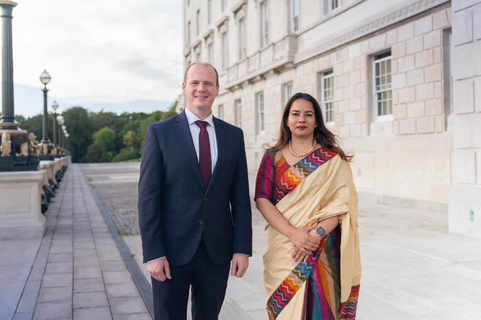 Minister Lyons and the first Consul General of India for Northern Ireland pictured outside Parliament Buildings.