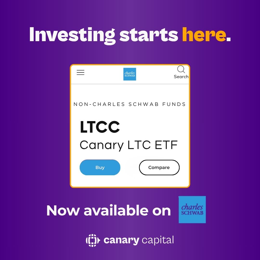 CanaryFunds's tweet photo. 🐤 Looking to diversify beyond stocks and bonds?

The Canary Litcoin ETF (Ticker: $LTCC) is available on Schwab, making it easier to incorporate digital assets into your portfolio.

Search LTCC today. Or visit https://t.co/ZSKsF3ZESJ
cand https://t.co/CHzZOmBenb

The Canary Litecoin ETF (Ticker: LTCC) is an exchange-traded product that is not registered under the Investment Company Act of 1940 (the "1940 Act") and therefore is not subject to the same regulations and protections as ETFs and mutual funds registered under the 1940 Act. Investing involves risk, including the possible loss of principal. An investment in LTCC is subject to a high degree of risk and heightened volatility and is not suitable for investors who cannot afford the loss of their entire investment. An investment in LTCC is not a direct investment in Litecoin.