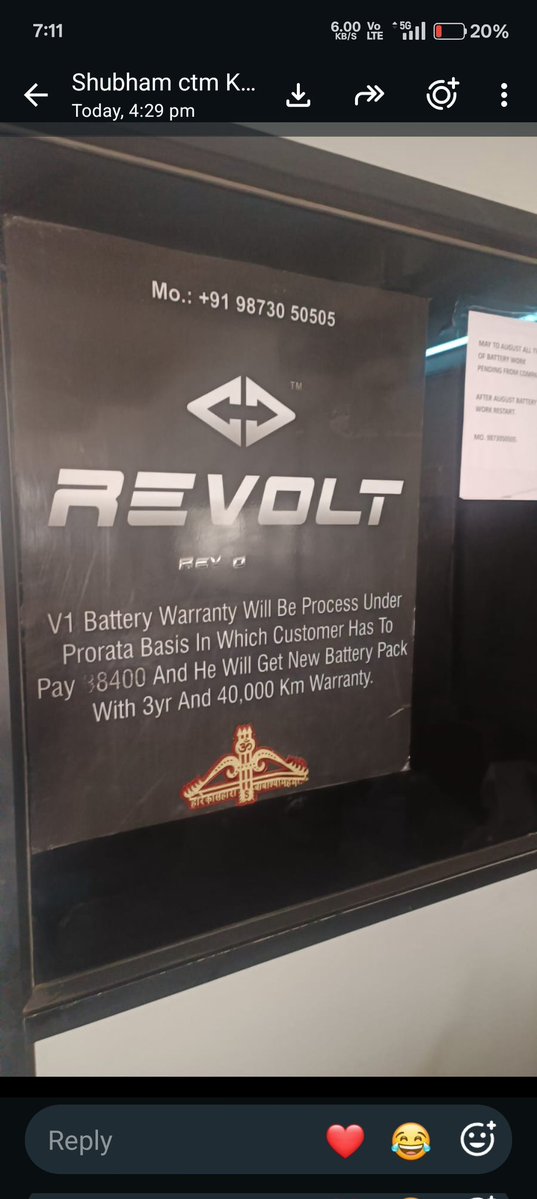 GameeNilesh's tweet photo. Revolt RV400 purchase document clearly states Battery Warranty:6 Years/1,00,000 KM,whichever is earlier. Now the service center says battery replacement requires ₹38,400 clarify:
Why is a revised warranty policy being applied to an already-purchased vehicle?
@RevoltMotorsIN https://t.co/5iPHb2Chrk
