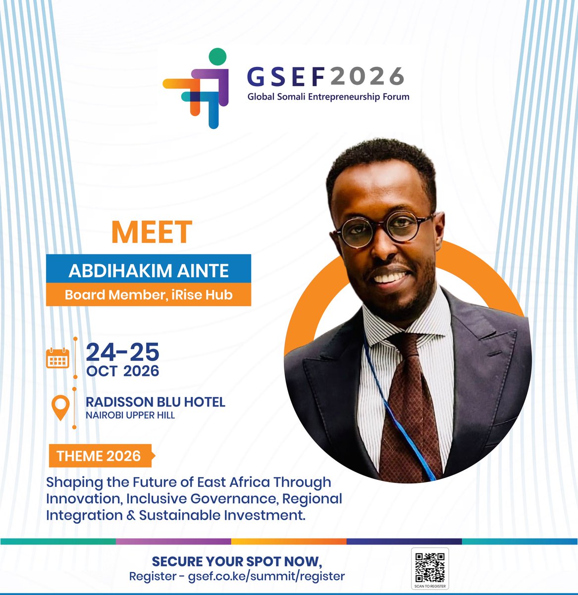 GSEFForum's tweet photo. GUEST ANNOUNCEMENT | GSEF 2026

We are pleased to welcome @AbdihakimAinte , Board member of iRise Hub, as a distinguished guest at GSEF 2026.

His participation brings valuable perspectives on governance, policy and Somalia’s development agenda as we advance conversations on inclusive growth and regional integration.

📅 Dates: 24–25 October 2026
📍 Venue: Radisson Blu Hotel-Nairobi, Kenya🎟️ 

Register here: 👇
https://t.co/wWw55XuXjG

Welcome to GSEF 2026, Abdihakim! 
#GSEF2026 #Somalia #Governance #RegionalIntegration #EastAfrica