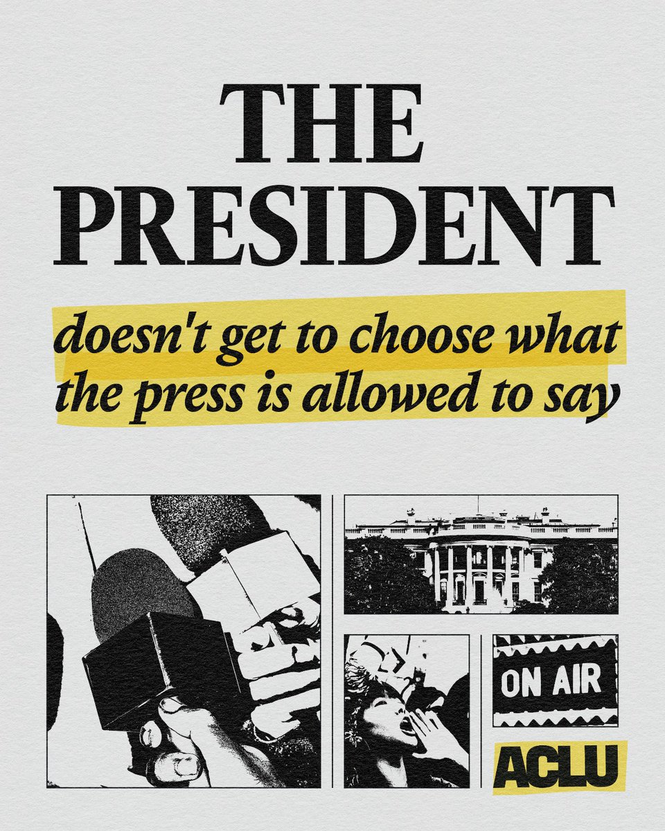 The President doesn't get to choose what the press is allowed to say.
Photos of microphones, the White House, aa person speaker and an on air sign.