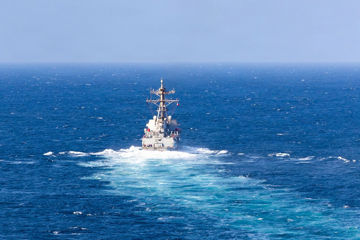 CENTCOM's tweet photo. USS Rafael Peralta (DDG 115) sails in regional waters as the guided-missile destroyer continues strict enforcement of the U.S. blockade against Iran, preventing commerce from entering or departing Iranian ports and coastal areas. As of Sept. 21, U.S. forces have redirected 110 commercial vessels to ensure compliance.