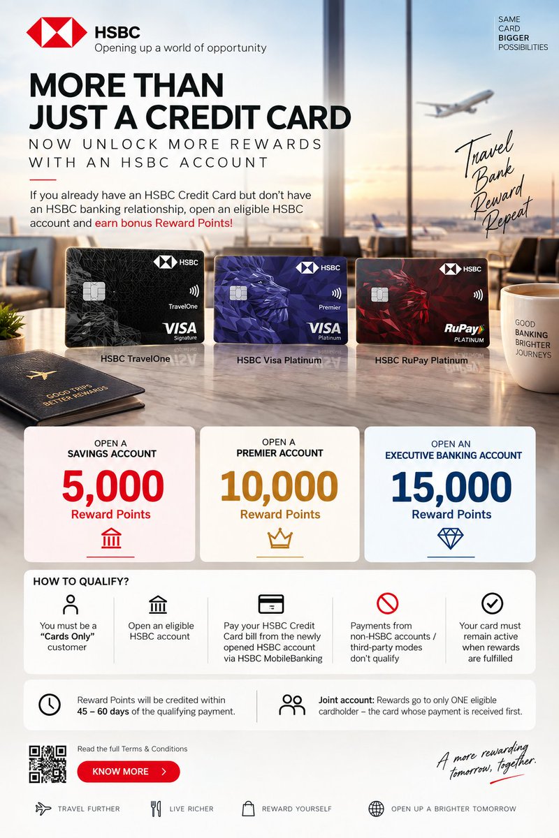 Kanna_Twister's tweet photo. 🚨 HSBC Credit Card Holders - Easy 5K to 15K Reward Points! 

Already have an eligible HSBC Credit Card but Don't have HSBC banking relationship? You could unlock bonus Reward Points by opening an HSBC account 👇

🔹 Open HSBC Savings Account → 5,000 RP (10K in terms of Accor) 
🔹 Open HSBC Premier Account → 10,000 RP (20k in Accor(
🔹 Open HSBC Executive Banking Account → 15,000 RP (30k in Accor)

How to qualify:
✅ You must be a “Cards Only” customer.
✅ Open the eligible HSBC account.
✅ Pay your HSBC Credit Card bill from the newly opened HSBC account.
✅ Payment must be made through HSBC MobileBanking.
❌ Payments from non-HSBC accounts/third-party modes don't qualify.
✅ Card must remain active when rewards are fulfilled.

⏳ Reward Points credited within 45–60 days of the qualifying payment.

Eligible cards include:

HSBC Rewards Credit Cards, HSBC TravelOne, HSBC Visa 
Platinum, and HSBC RuPay

⚠️ Joint account: Rewards go to only ONE eligible cardholder — the card whose payment is received first.

Full T&Cs: "HSBC Offer T&Cs" (https://t.co/1Uamo468eO)

#HSBC #CreditCards #CreditCardRewards #TravelOne #RewardPoints