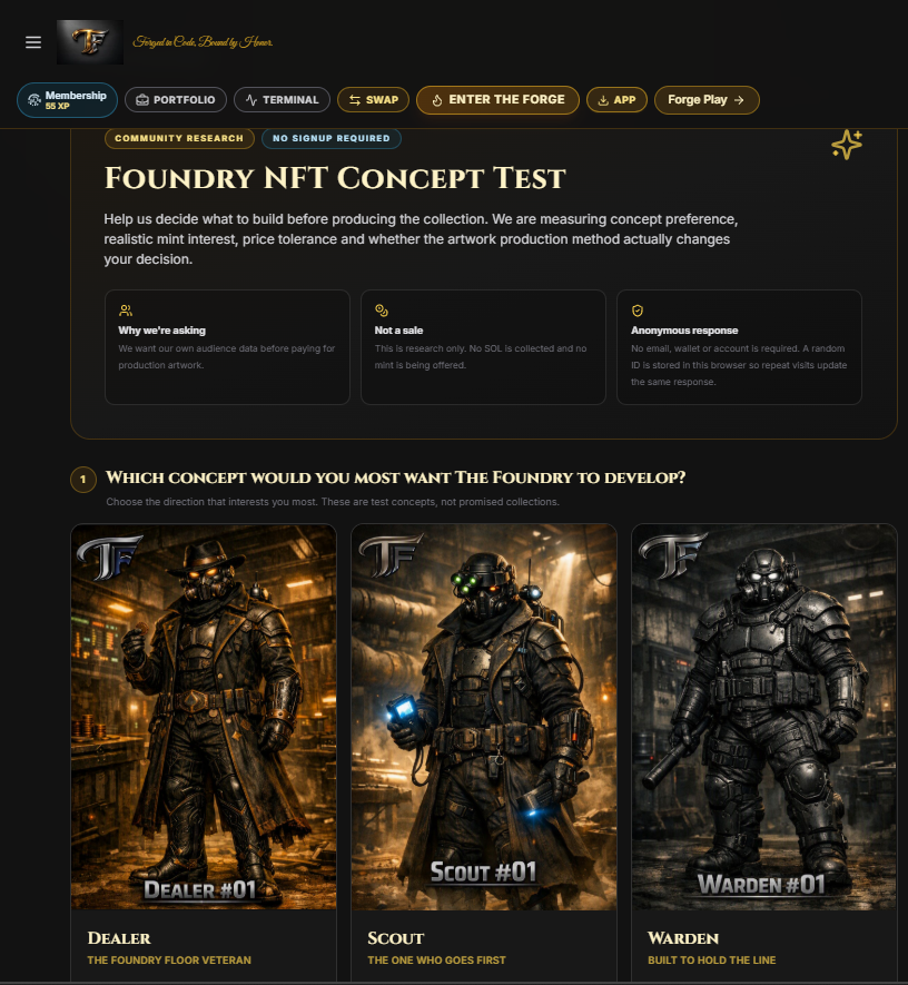 TheFoundryOnSol's tweet photo. We need 25 honest opinions—not likes.

The Foundry will develop ONE NFT concept first. Which gets your vote?

🥃 DEALER—grit
🔦 SCOUT—discovery
🛡️ WARDEN—strength
Vote anonymously. No signup or wallet:
https://t.co/viqSRZVpsk
Then reply with WHY 👇 https://t.co/nMS1W7P5Lj