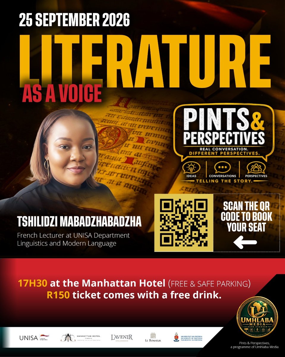 LinguisticUnisa's tweet photo. Tshilidzi Mabadzhabadzha, a lecturer in our department in the French section, is going to be doing a public lecture this Friday as part of Pints and Perspectives. You don’t want to miss it! 

Tickets: https://t.co/hHOOy6hSB3 https://t.co/LYZxuL5EZH