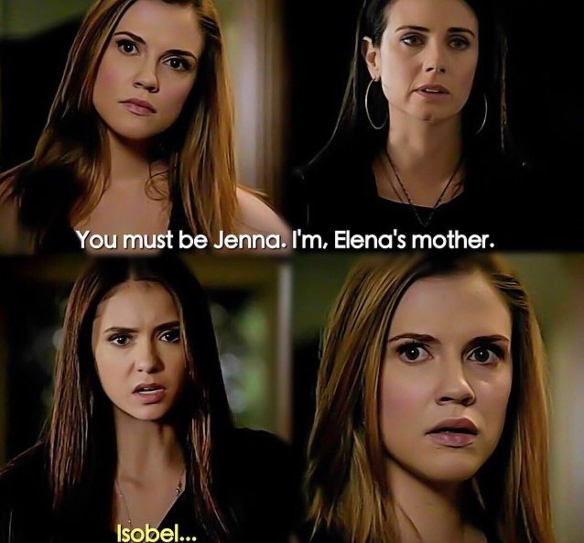 TheVsk_'s tweet photo. How do I explain to someone who hasn’t watched The Vampire Diaries that;

Elena's biological mother is Isobel, who was married to Alaric
yes, Alaric the same Alaric who was later with Jenna, Elena's aunt
the same Alaric who is the father of Lizzie and Josie Saltzman, the twins that Caroline gave birth to,Caroline... Elena's best friend.
and Isobel is a descendant of Katherine, Elena's doppelganger 

so Elena's biological mother is a descendant of Katherine, her mother's ex-husband dated her aunt, and that same man's daughters who Elena's best friend gave birth to but their biological mother is Josette 

How am I supposed to explain this without sounding insane 😭