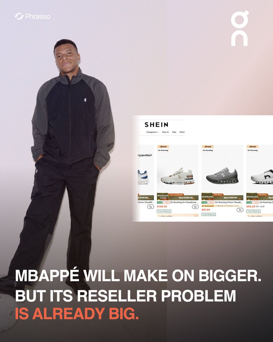 iannoblee's tweet photo. @KMbappe is making @on_running bigger. Its unauthorized reseller problem was already big.

#OnRunning #Mbappe #Retail #Brands #Resale https://t.co/JkFfAGuqHS
