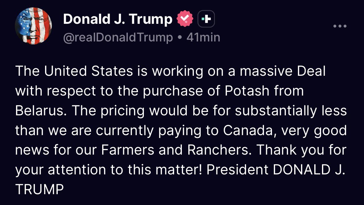 RiseOfAlberta's tweet photo. A huge blow to Saskatchewan.

Trump is now going to Belarus for cheaper potash instead of Canada.

This is what happens when the Western provinces are tied to a corrupt Liberal government in Ottawa that is willing to sacrifice our prosperity and a trade deal with our largest trading partner because it believes manufacturing a crisis with the Americans and “standing up to Trump” is better politics for the Liberal Party.

Alberta and Saskatchewan should not have their economic interests sacrificed for the political interests of Ottawa.

This only further highlights why Alberta and Saskatchewan need independence, so we can negotiate our own trade deals with the United States and pursue our own economic interests instead of being permanently tied to Ottawa’s.