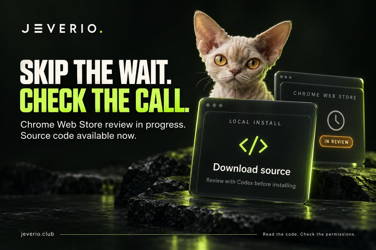 jeverioclub's tweet photo. Jeverio Chrome extension is under review on the Chrome Web Store.
Want in early? Download the source and install locally.

Before installing, ask Codex to check for suspicious code and permissions. Judge before you trust, even us.
🐱 https://t.co/yGqJzLTpxN