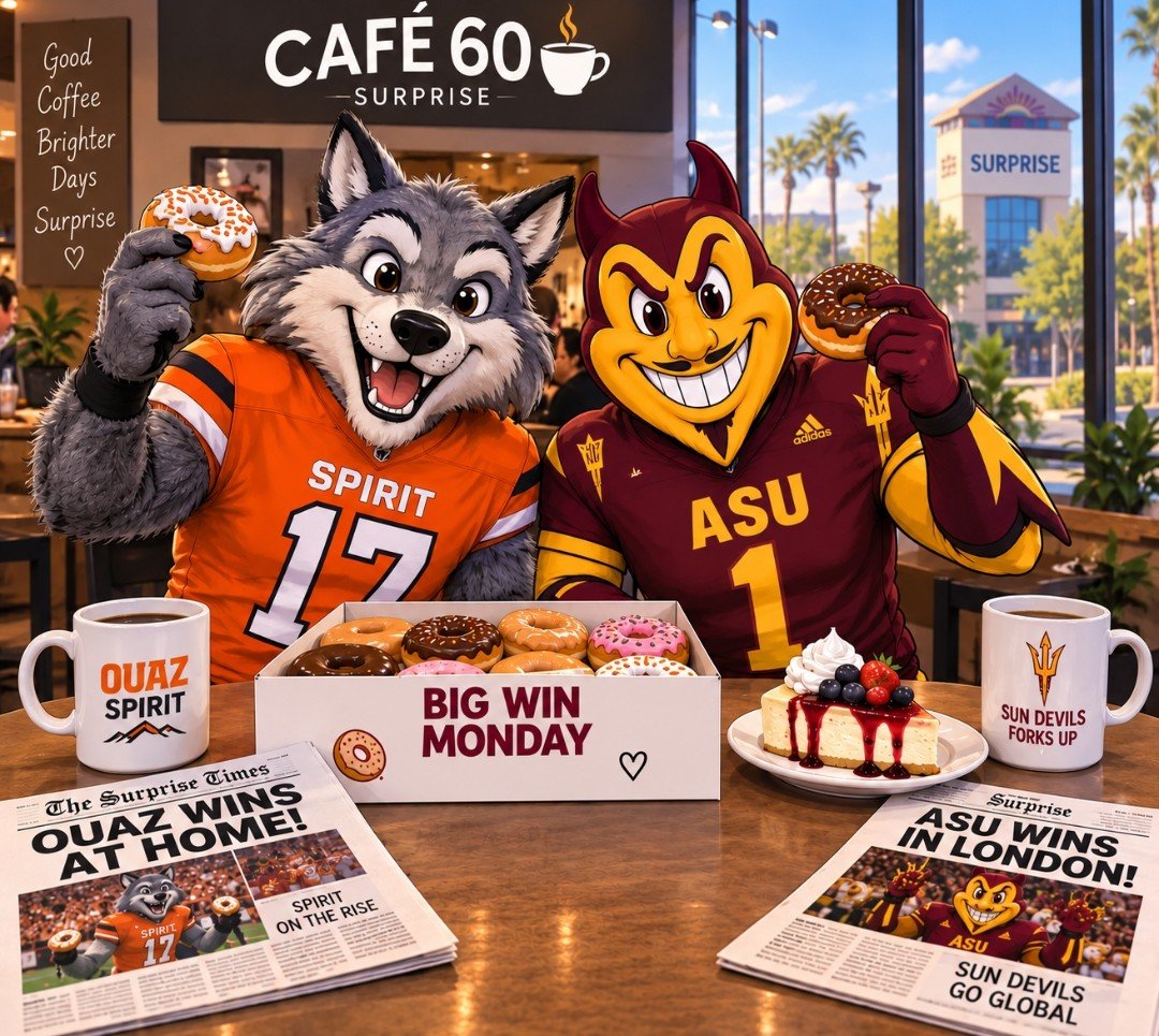 GOPACO2000's tweet photo. Fang and his friemd Sparky enjoying the start of bye week with donuts and cheesecake, Saturday wins bring treats on Mondays! @OUAZFootball @OUAZSpirit @CoachMurphyQB https://t.co/HjusP9OnHB