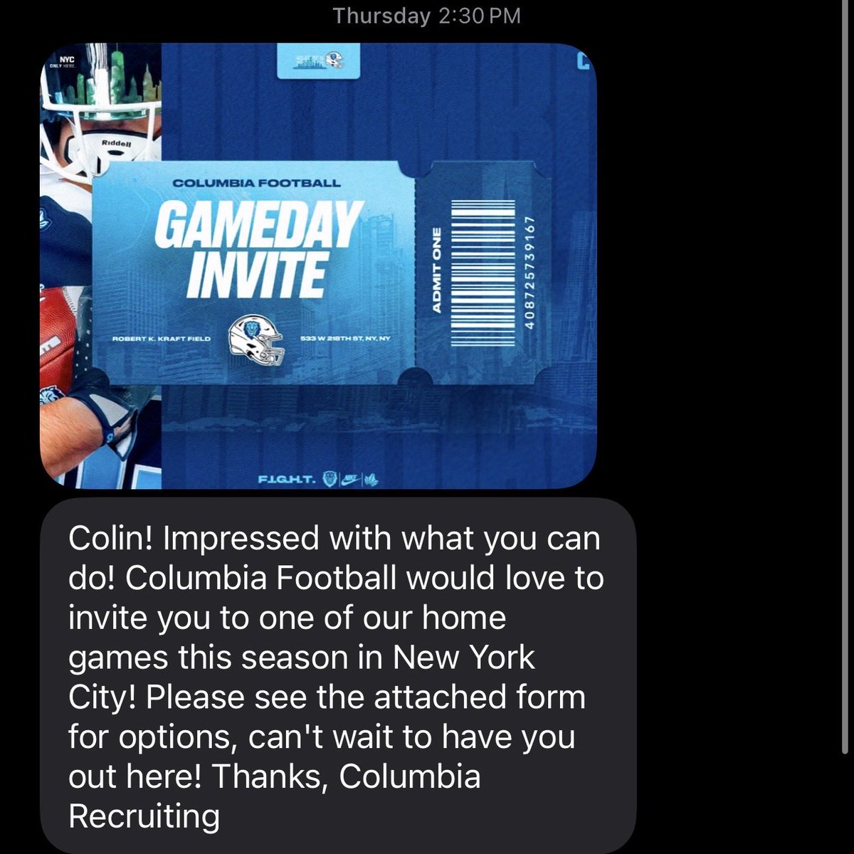 ColinMcDade31's tweet photo. Thank you @CULionsFB for the gameday invite. I’m so grateful for this opportunity, can’t wait to keep building this relationship. Go lions! @Coach_Butler_ @Coach_Dieff @CoachDJohnson11 @sixstarfootball @FootballHotbed @MarvinRidgeFB https://t.co/noxUSx8Tc2