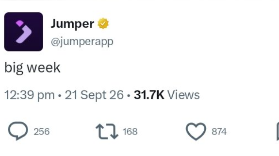 AlphaFeeed's tweet photo. @jumperapp
 just said “big week”
After Perps waitlist… 

something’s cooking No details yet, 

but eyes locked.
What y’all thinking? https://t.co/OaGY1NVRPs
