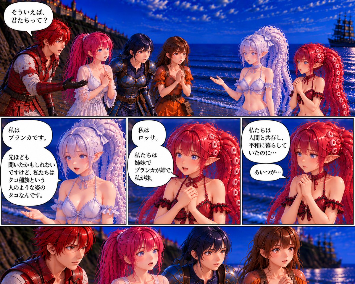 borowshu's tweet photo. シュヴィツ達は砂浜に戻り
少女のような姿をしたタコ種族と会話をする
＃AIart #JustMyStory https://t.co/njVJ3o2bOu