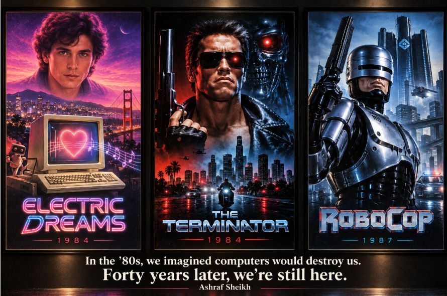 ashrafxsheikh's tweet photo. Before ChatGPT, there was Edgar, Terminator and Robocop

A computer that could think, make music, fall in love , fight and get jealous.

1980s: Computers will destroy humanity

2026: AI will destroy Humanity https://t.co/zjOgHDf64e