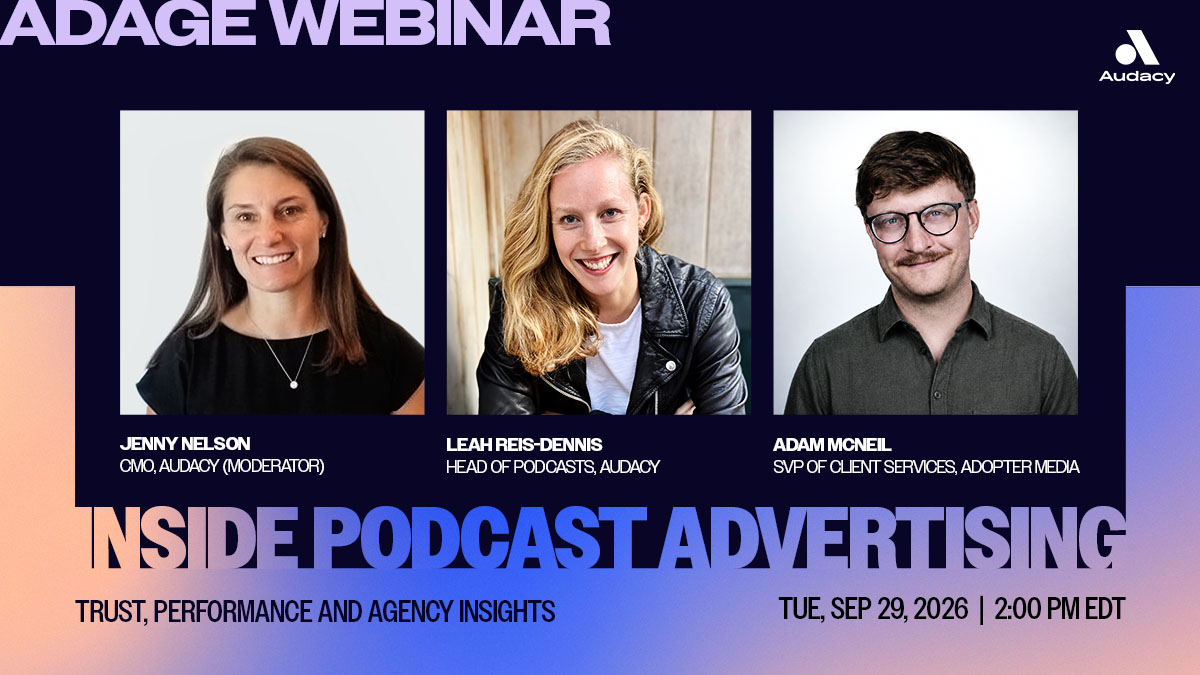 AudacyForBrands's tweet photo. Podcast advertising has evolved. The way we buy it should too.

Join Audacy’s Jenny Nelson, Leah Reis-Dennis and @adoptermedia's Adam McNeil on September 29 for a candid look at what’s actually driving trust, performance & results in podcast advertising.

Register below.
https://t.co/E63EuapQ9p