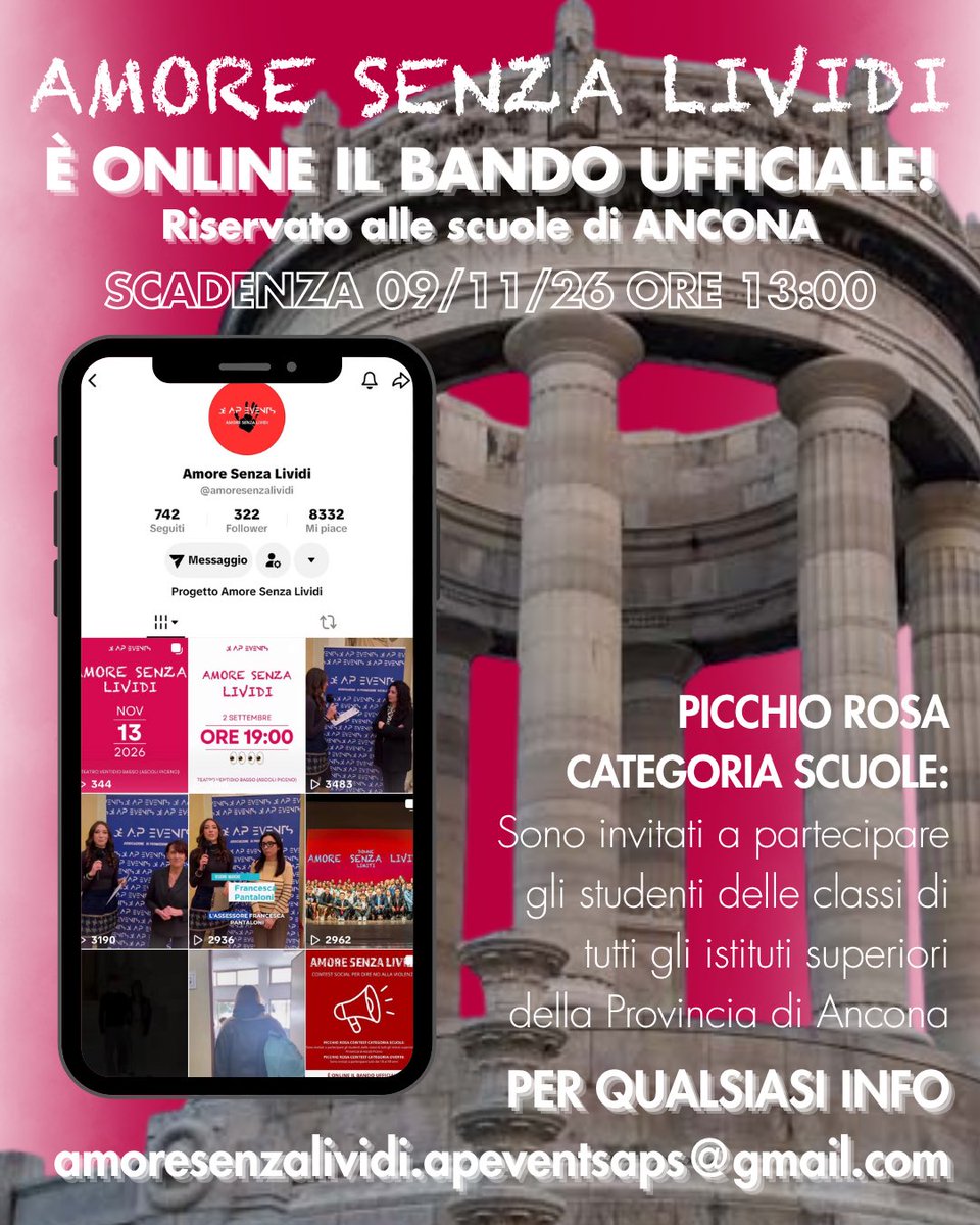 ApEventsaps's tweet photo. 🚨 È ONLINE IL BANDO UFFICIALE DI "AMORE SENZA LIVIDI"! 🚨 

⚠️RISERVATO ALLE SCUOLE SECONDARIE DI SECONDO GRADO DI ANCONA ⚠️

⏰ Scadenza: 09/11/26 ore 13:00

Bando online sul nostro sito, link 🔗 
https://t.co/aJtc5IEiil https://t.co/Dy1i0tV1gH