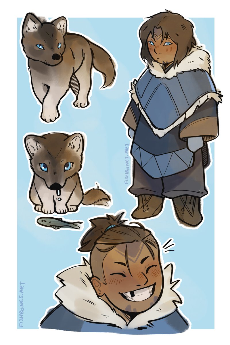 FishbonesArtt's tweet photo. Still gods AU-- Sokka spent a lot of time around wolves before Hakoda and Kya found him, so he likes shifting into a wolf :) He keeps his fangs when he's human because it feels weird otherwise

Hakoda is weak to his little puppy dog eyes :)

#atla #sokka https://t.co/gPR6iNn7Am