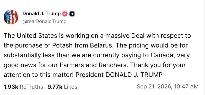 FoodProfessor's tweet photo. As I’ve said time and again, the world’s largest economy has options. 

President Trump’s message below about potash makes that abundantly clear. Our arrogance as a country remains our greatest weakness. https://t.co/ozzVZdXImm