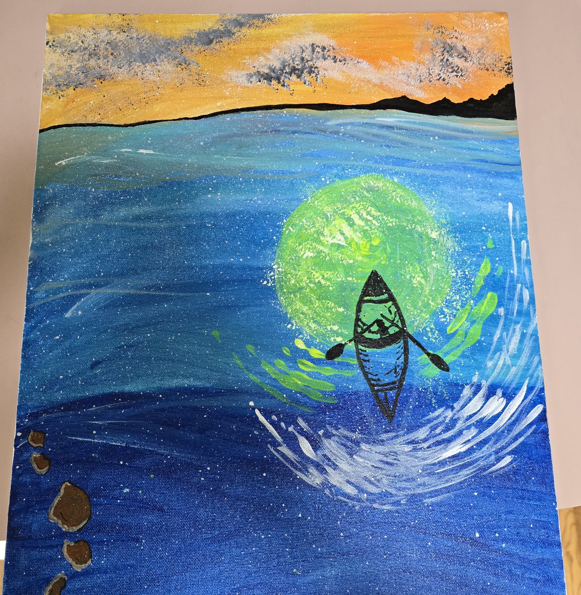 michael_praisey's tweet photo. Just two days after we met, Praisey painted this for me. A canoe on an open  sea. She didn't know it yet, but she was already painting our future. 

It  was meant to symbolize the journey into the unknown; even though there was a time of being alone, now there is 'us,' and we never have to be alone wherever we go. 

Looking at this painting a few days before my birthday, on September 24th, reminds us that we don't have a rigid script for our destination, but we trust that God knows the way. A favorite piece from the archives.
#DentalArtist #michaelandpraisey #praiseythomasneeyesudas #michaelmthomas