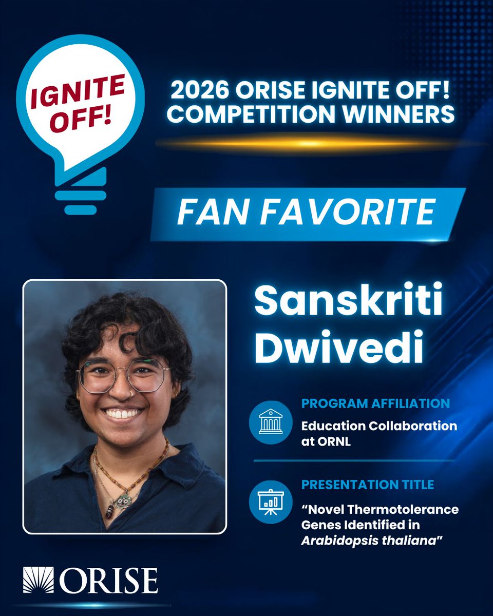 ExperienceORISE's tweet photo. Congratulations to the winners of the 2026 ORISE Ignite Off! competition 👏

This annual event showcases the talents of interns and fellows in ORISE-administered programs as they present their research through 5-minute Ignite Talks.

Meet the winners: https://t.co/OM9BWKHVEr https://t.co/f9ArwgxwuN