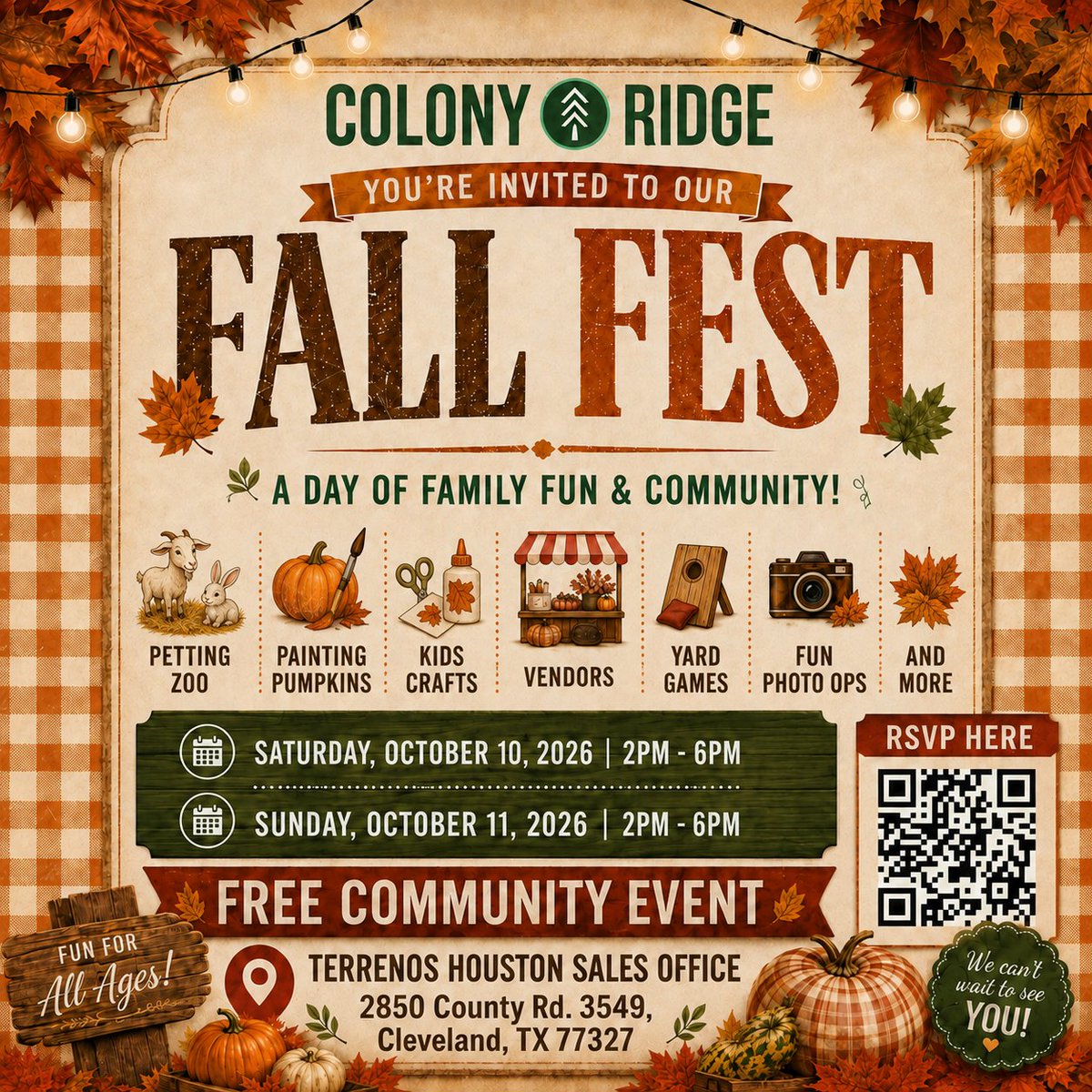 ColonyRidgeTX's tweet photo. Save the date for our FREE Fall Festival! ๐๐
Two fun-filled days featuring a petting zoo, pumpkin painting, kidsโ crafts, yard games, and photo opportunities. Bring the whole familyโwe canโt wait to see you there!
#ColonyRidge #ClevelandTX #SantaFe #Pumkins #FallFest #Fall #familyfun #FreeEvent #FallFestival #kidscrafts