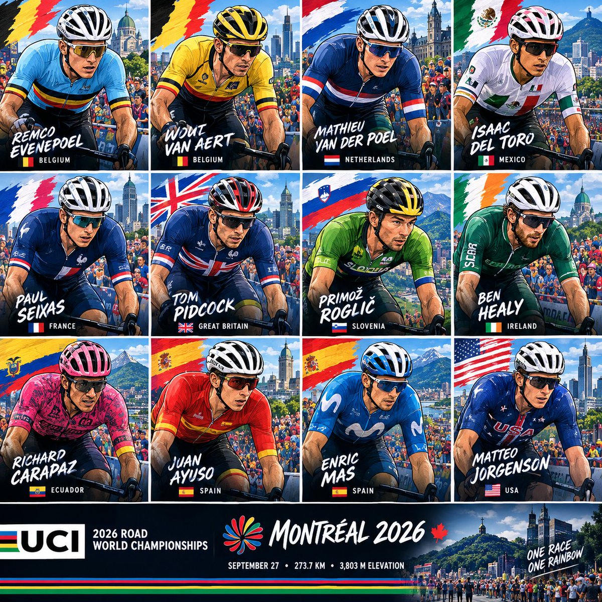L_Arsene14's tweet photo. 🌈 2026 UCI World championship: My full Montréal prediction

The men's elite road race is on 27 September, over roughly 273.7 km and 3,803 m of climbing. The decisive circuit around Mount Royal is 13.4 km with about 269 m of elevation per lap, including Côte Camillien-Houde and the steep Chemin de la Polytechnique. 

And this is why I think we could get a completely different winner from Kigali.

🇸🇮 First: the elephant in the room,Pogačar's absence

This changes everything.

In Kigali, Pogačar didn't simply win. He controlled the race psychologically. Everyone knew he was the man to beat, and when he attacked on Mont Kigali, the race basically became a fight for second. He eventually won by going solo for 66 km, while Evenepoel took silver and Healy bronze. 

This time, there is no Pogačar.

That means:

nobody has to chase one obvious favourite;

attacks can go much earlier;

Belgium can't simply wait for Pogačar;

UAE loses its strongest closer;

riders like Del Toro, Seixas, Pidcock and Van Aert can race more aggressively;

team tactics could matter more than individual climbing superiority.

And interestingly, Pogačar is reportedly expected to travel to Montréal to support Slovenia, but he won't race.