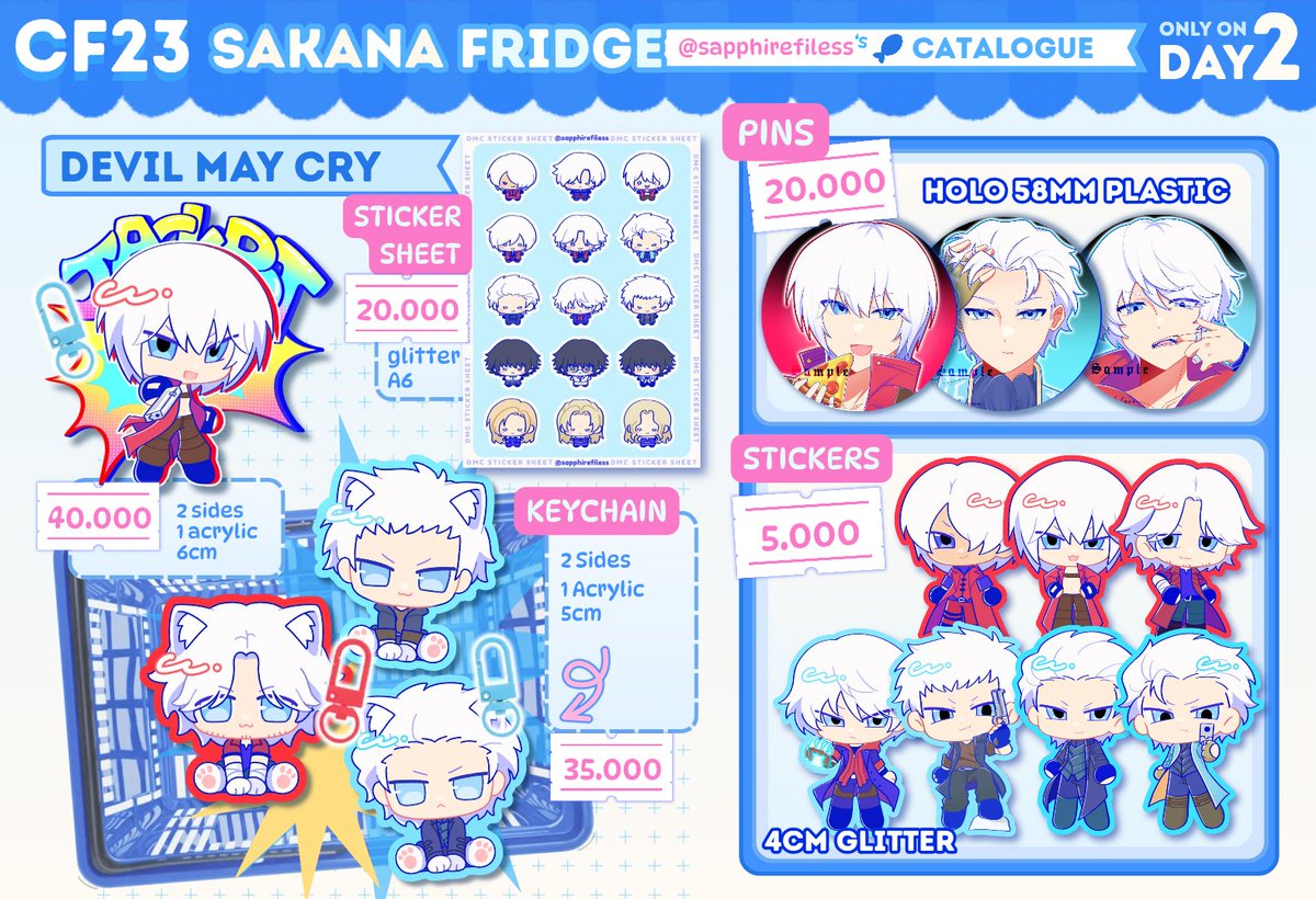 sapphirefiless's tweet photo. My #Comifuro23 #CF23 PO is open! ₊˚⊹♡

⏰ 21 – 28 Sept
📍 Pick-up &amp; Mail Order at Sakana Fridge booth (Day 2, No. G-33b)

📷 DMC/Devil May Cry, DCMK/DetCo, MCYT (Verity, UU, ARG, More), Persona 5, MCR ⊹

Order here ➡️ [https://t.co/ITJq5GQsQU]
See u at cf! ✩ https://t.co/euLbROUQ9b