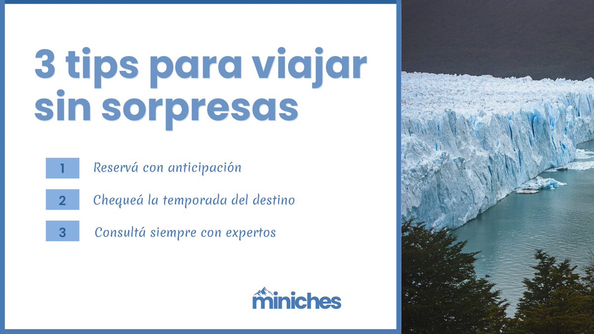 TurismoMiniches's tweet photo. 3 tips para planificar tu viaje sin sorpresas: reservá con anticipación, chequeá la temporada del destino y consultá siempre con expertos (como nosotros 😉).

#TipsDeViaje #PlanificáTuViaje https://t.co/SO9lRwlzOI